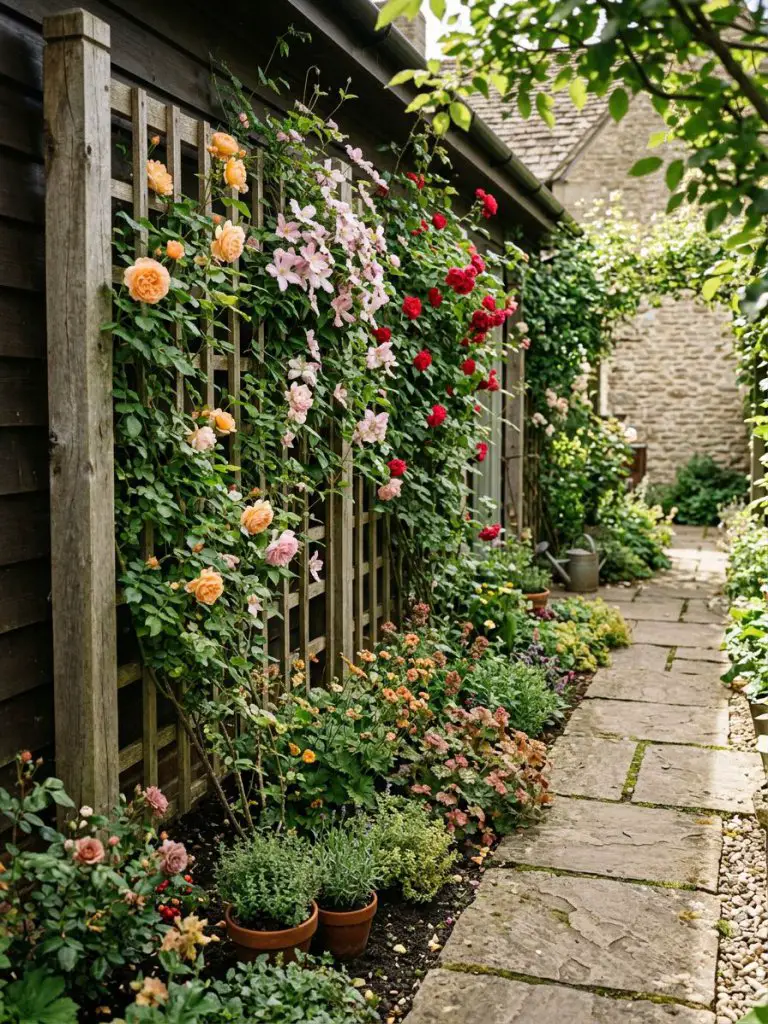A narrow side yard flower bed featuring a vertical wooden trellis covered in climbing vines and blooms, designed in a rustic garden style.