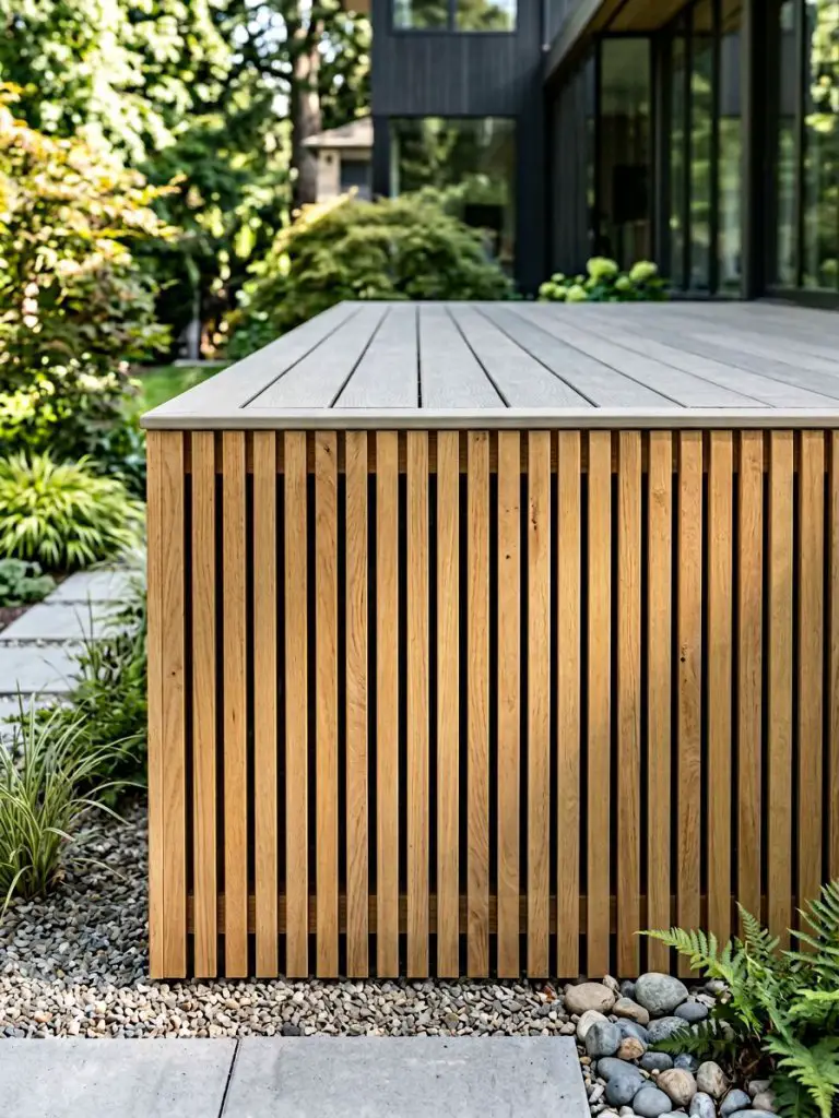 A modern outdoor deck featuring vertical wood slat skirting in a warm minimalist and modern rustic style.