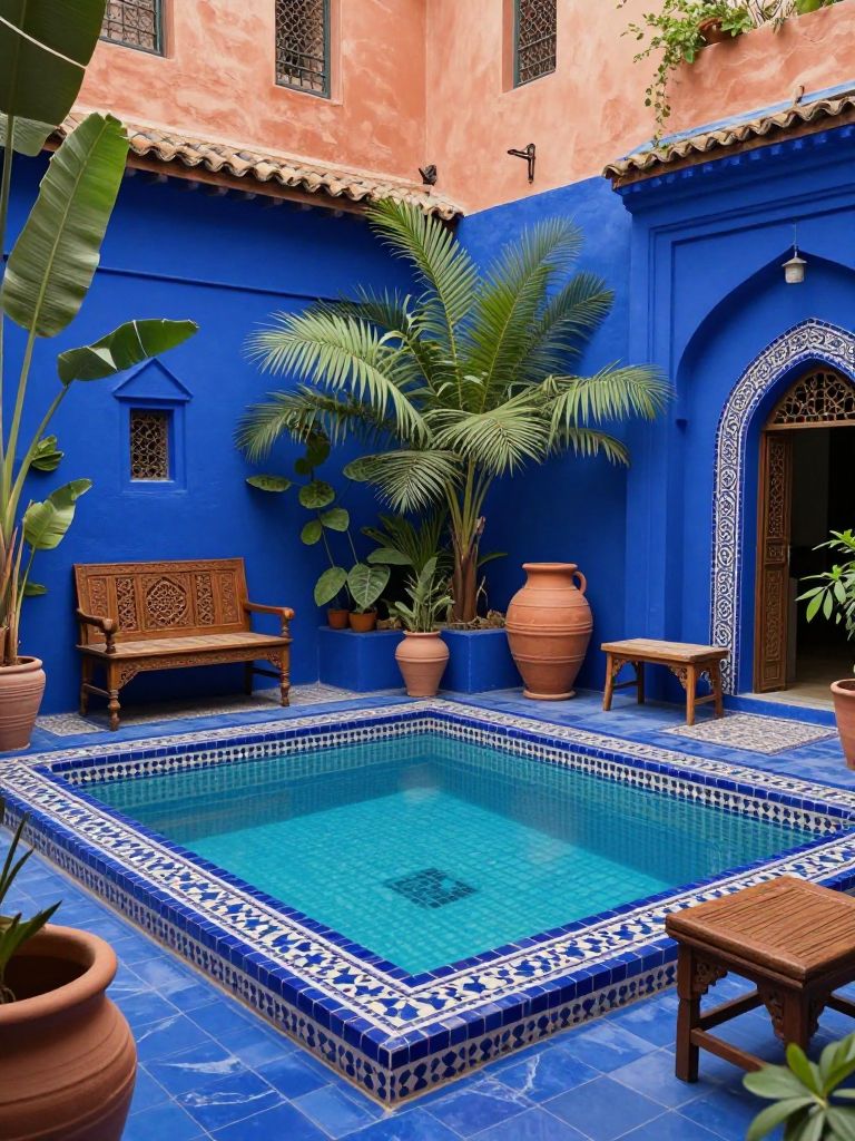 A vibrant Moroccan-style Mediterranean courtyard pool with bold blue tilework and lush greenery.