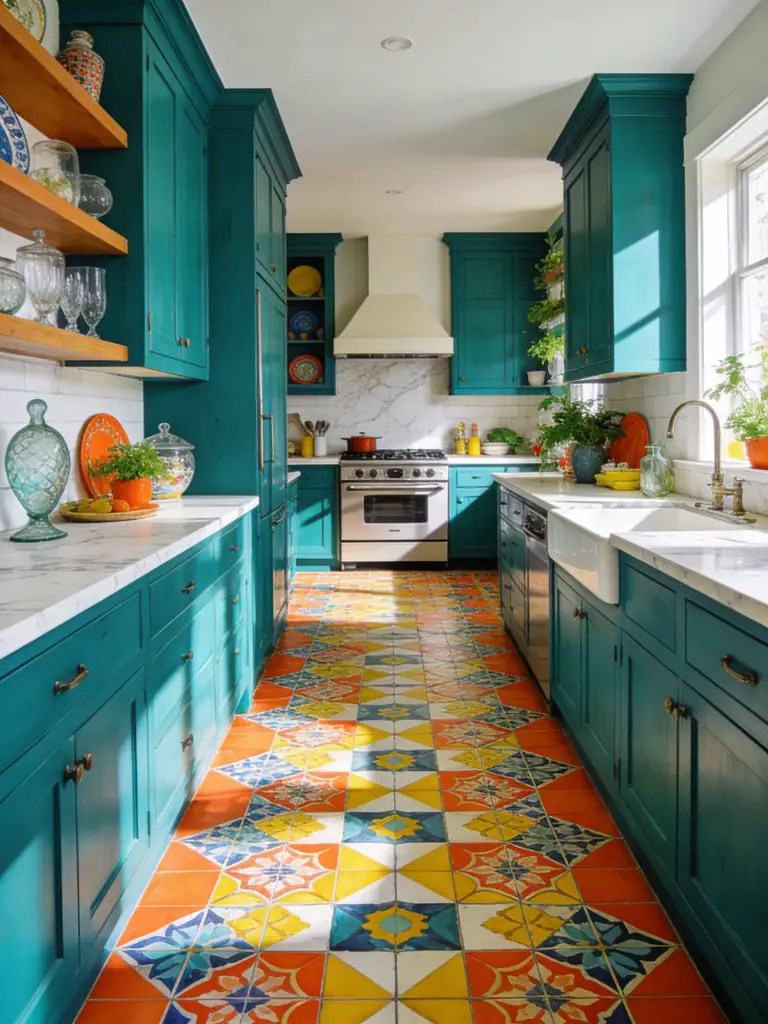 A bold colorful cottage kitchen featuring vibrant patterned tile flooring as the hero element, paired with teal cabinetry and white countert.