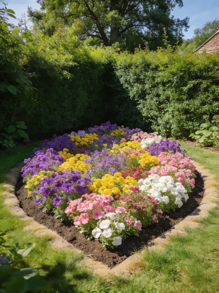 A charming small square garden corner styled in a cottage-inspired design with a vibrant flower bed as the focal point.