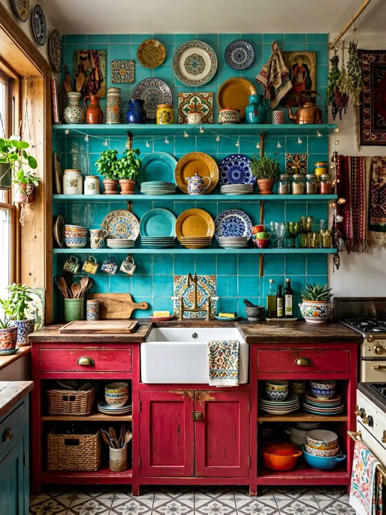 An eclectic boho kitchen with bold turquoise tile walls and vibrant red cabinetry, styled in a maximalist bohemian aesthetic.