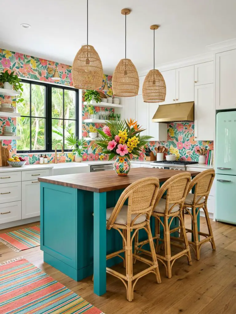 A vibrant farmhouse kitchen infused with tropical charm, featuring a bold teal island, crisp white cabinetry, and a colorful floral backspla.