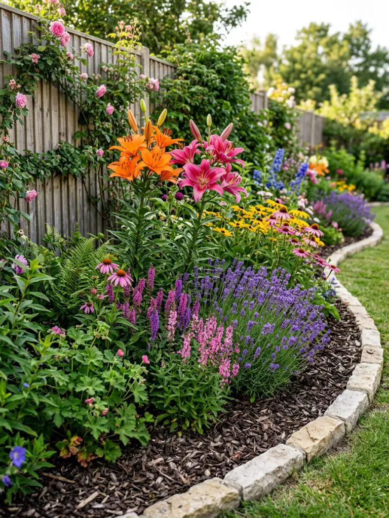 A vibrant fence border flower bed bursting with mixed perennials including lilies, lavender, and colorful seasonal flowers.