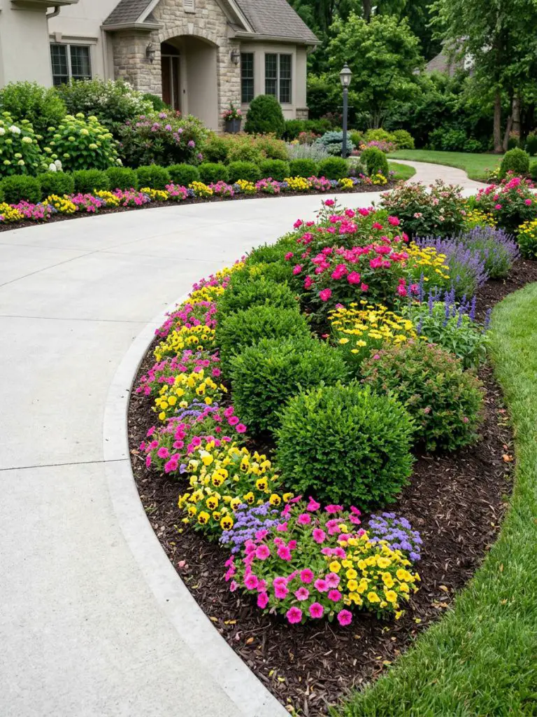 A vibrant driveway flower bed featuring layered foundation plantings with colorful shrubs and seasonal blooms.