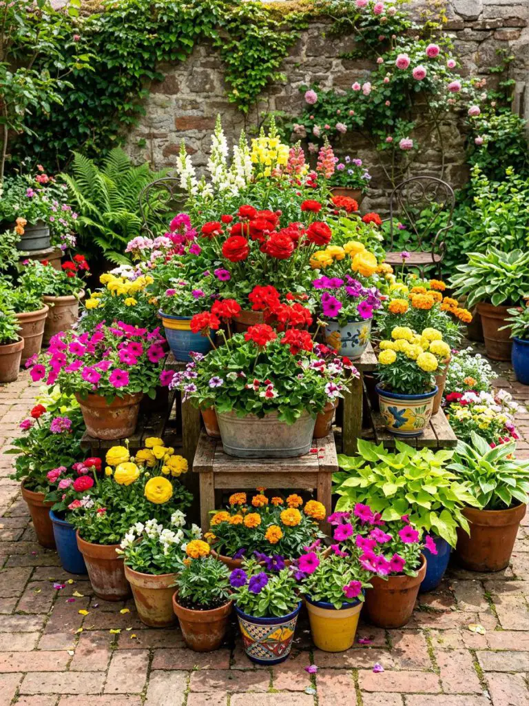 A bold and vibrant backyard flower bed composed entirely of layered container plantings arranged in a structured yet abundant display.