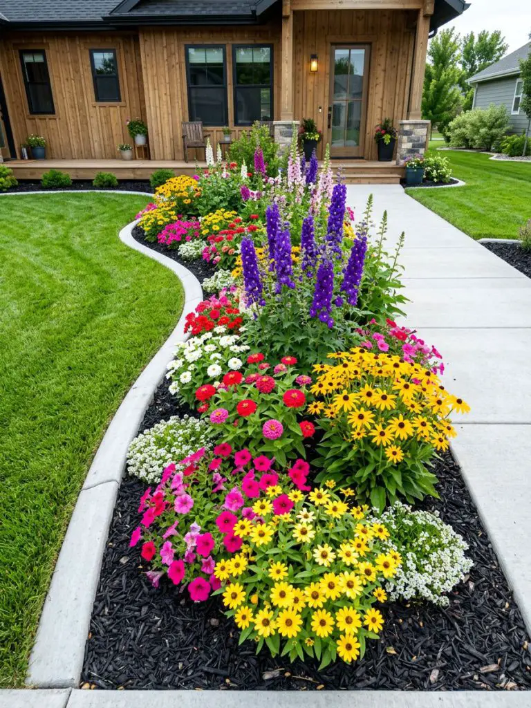 A bold and vibrant front yard flower bed designed in a warm minimalist and modern rustic style, featuring a curved border filled with densel.