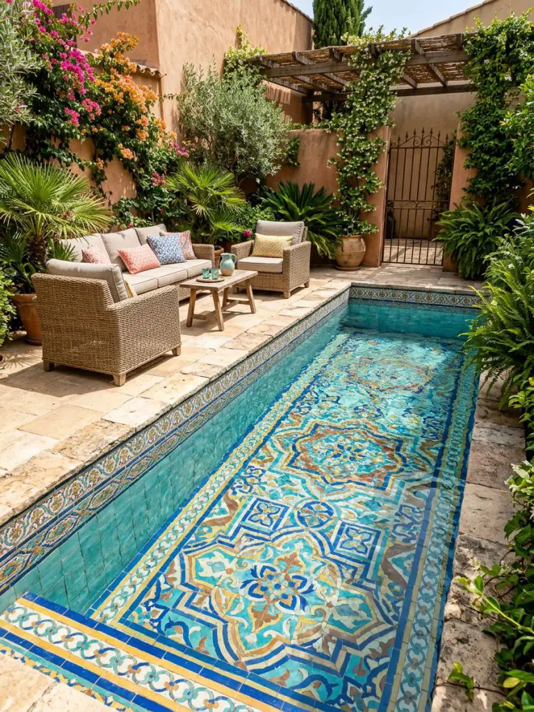 A vibrant small backyard pool featuring bold mosaic tile artistry in a Mediterranean eclectic style, with a narrow rectangular pool showcasi.
