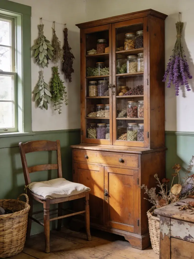 A vintage-inspired witchy kitchen corner centered on a wooden apothecary cabinet filled with labeled jars of dried herbs and spices.