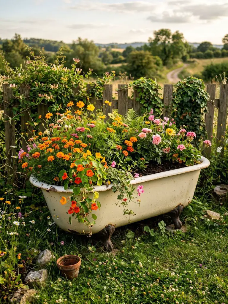 A vintage freestanding bathtub repurposed as a flower bed in a rustic countryside garden.