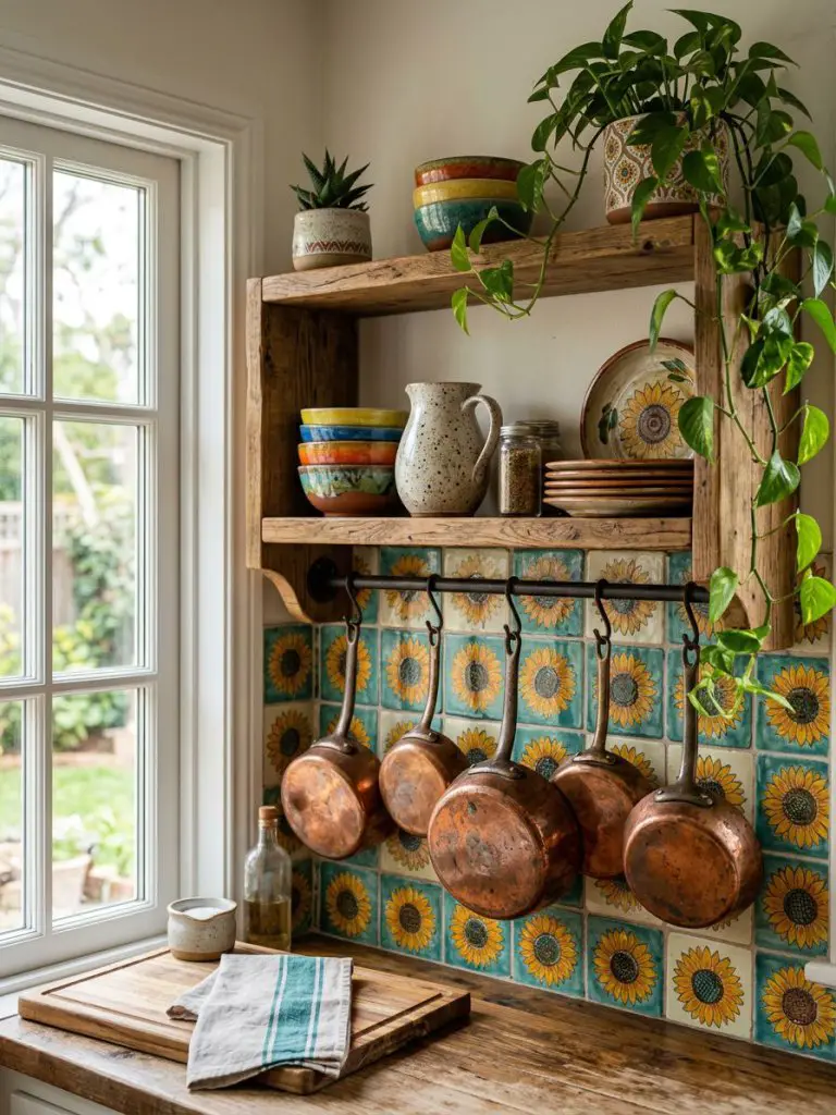 A vintage-inspired boho kitchen shelf scene featuring sunflower-patterned tiles and warm wooden shelving in a cozy Modern Rustic style.