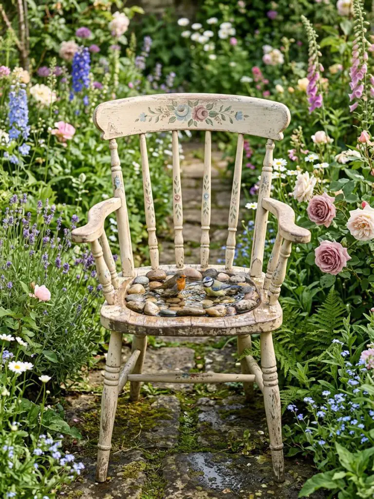 A whimsical bird bath crafted from a vintage wooden chair, styled in a cottage garden setting.