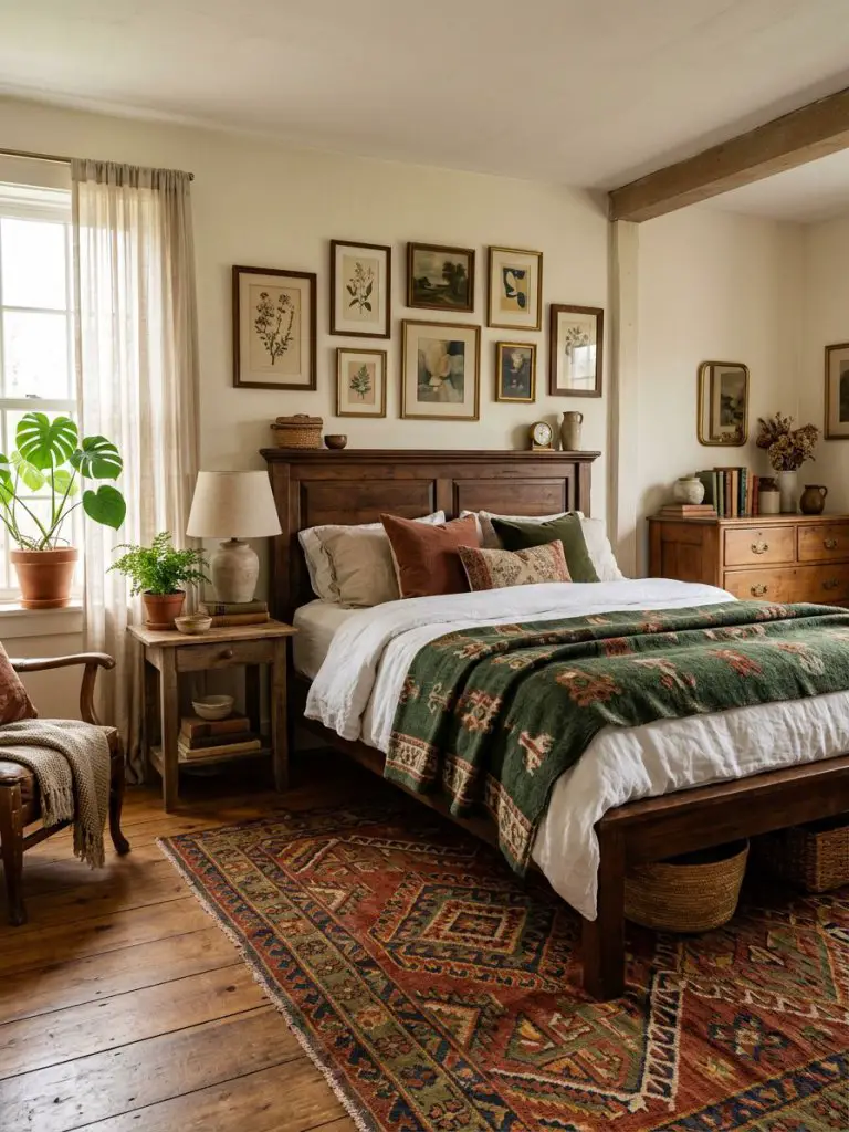 A vintage-inspired earthy bedroom in Eclectic Rustic style featuring a wooden bed dressed in white linen with a patterned green throw.