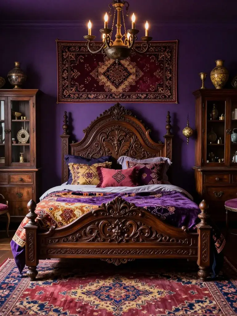 A vintage eclectic purple witch bedroom filled with ornate details, featuring a carved wooden bed frame with intricate patterns as the centr.