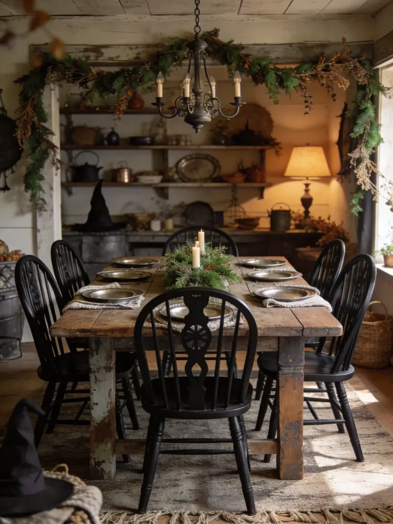 A rustic farmhouse witchy dining room blending vintage charm with seasonal decor, featuring a distressed wooden table surrounded by black Wi.