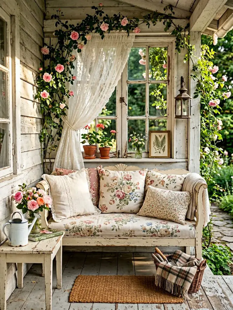 A vintage-inspired cottage porch nook featuring a floral upholstered bench placed against weathered white wooden siding.
