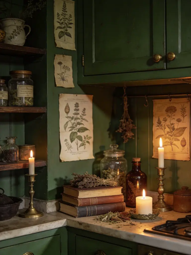 A vintage herbalist-inspired kitchen corner featuring green cabinetry, botanical prints, and candlelight.