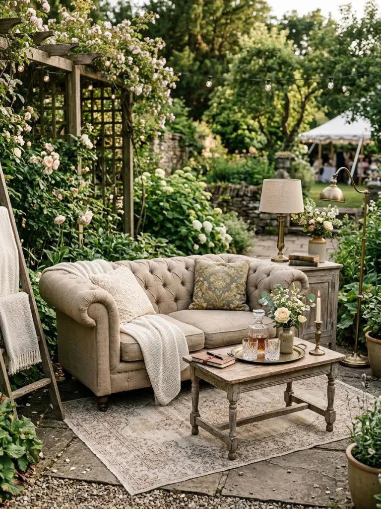 A vintage-inspired lounge corner in a garden wedding setting, styled in Modern Rustic with antique accents.