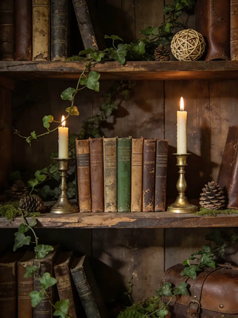 A rustic wooden bookshelf styled in witchy cottagecore aesthetic with dark-stained oak, aged leather-bound books, and trailing ivy vines wea.