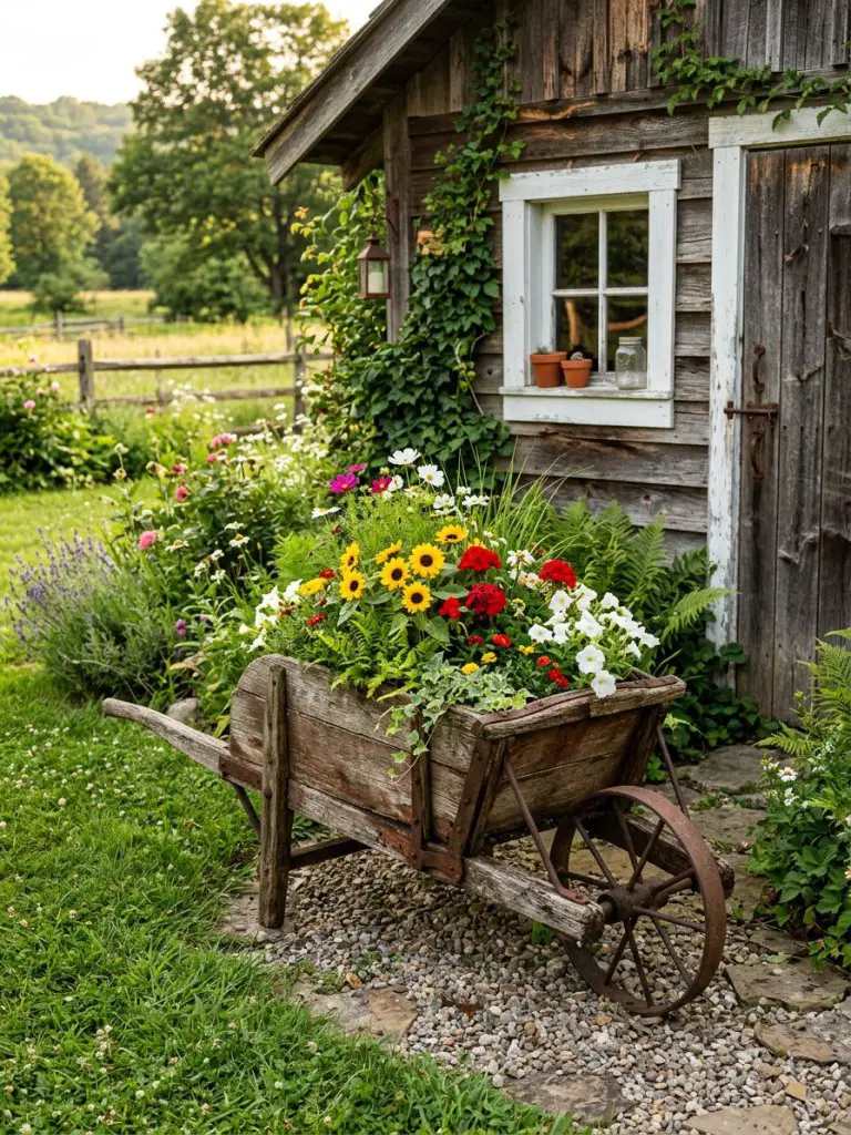 A vintage wooden wheelbarrow repurposed as a flower bed placed beside a rustic shed in a farmhouse-style garden setting.