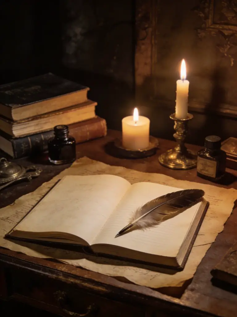 A vintage writing desk scene with an open journal, feather quill, and candles casting a soft glow.