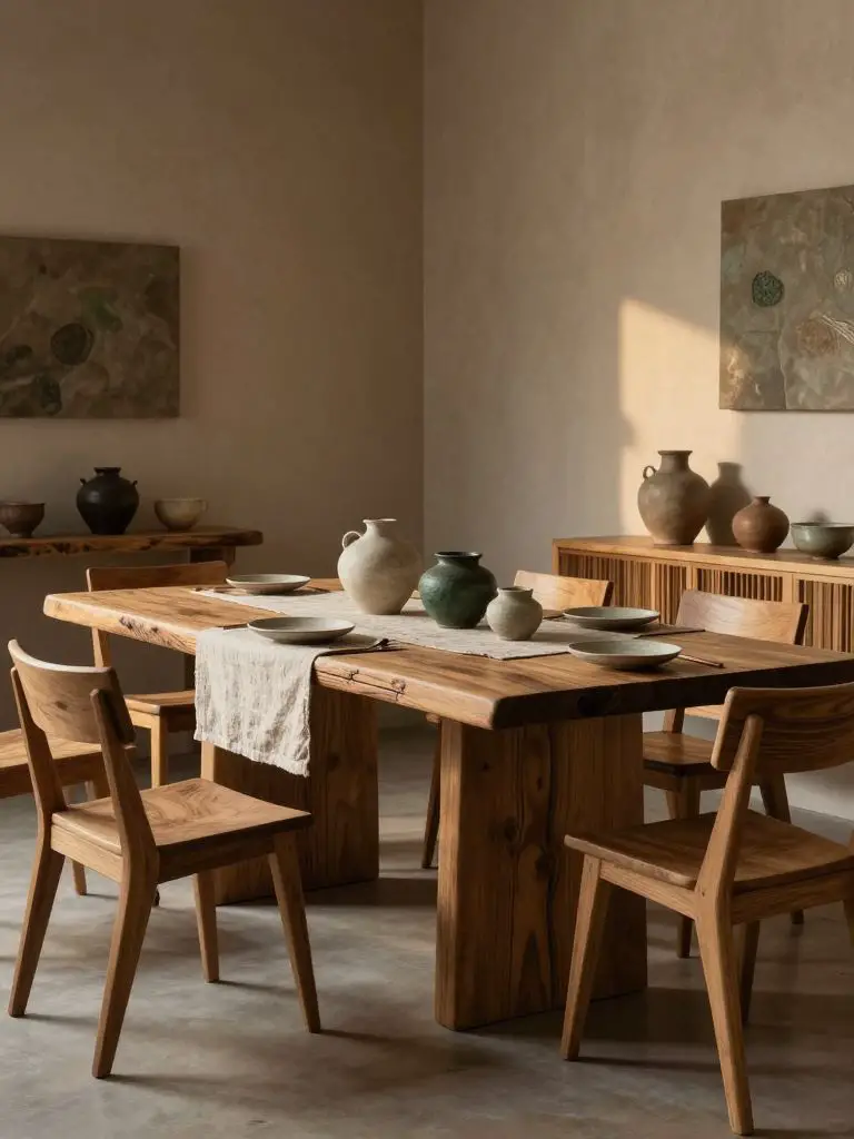 A wabi-sabi inspired dining space celebrating imperfect natural beauty and sustainability.