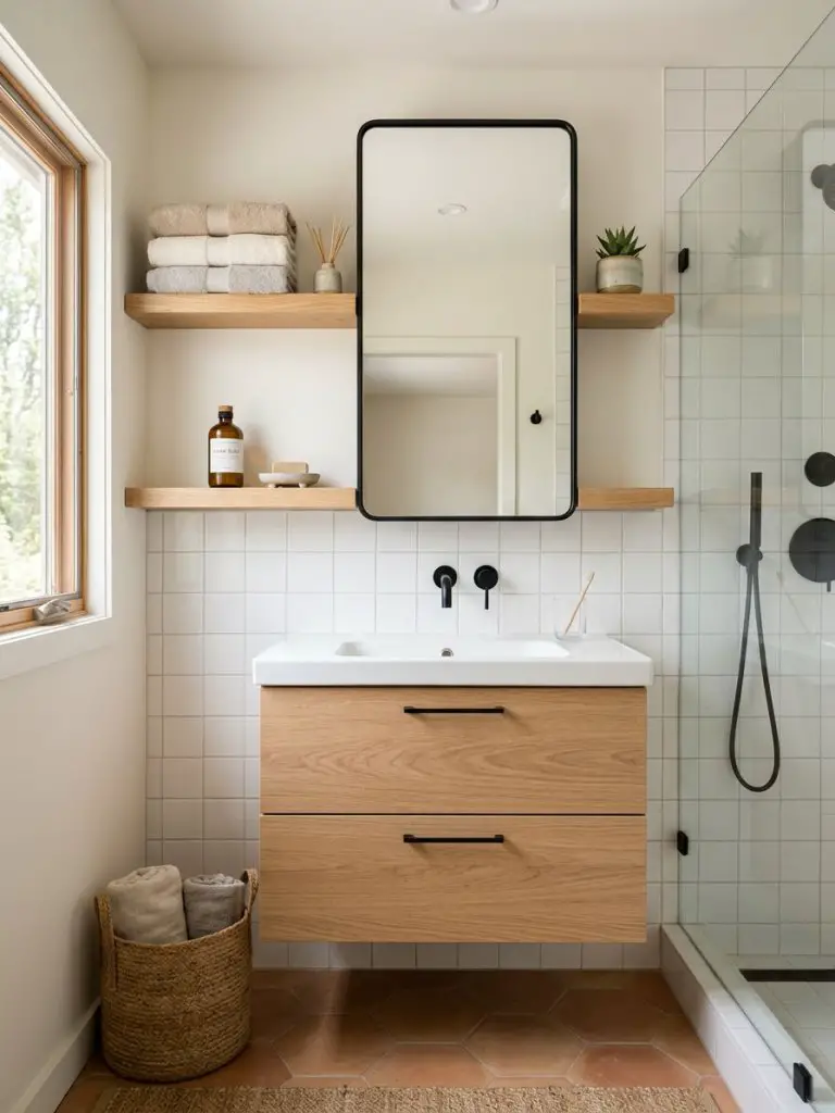 A warm minimalist tiny bathroom featuring a wood vanity and clean white tile backdrop in a modern rustic style.