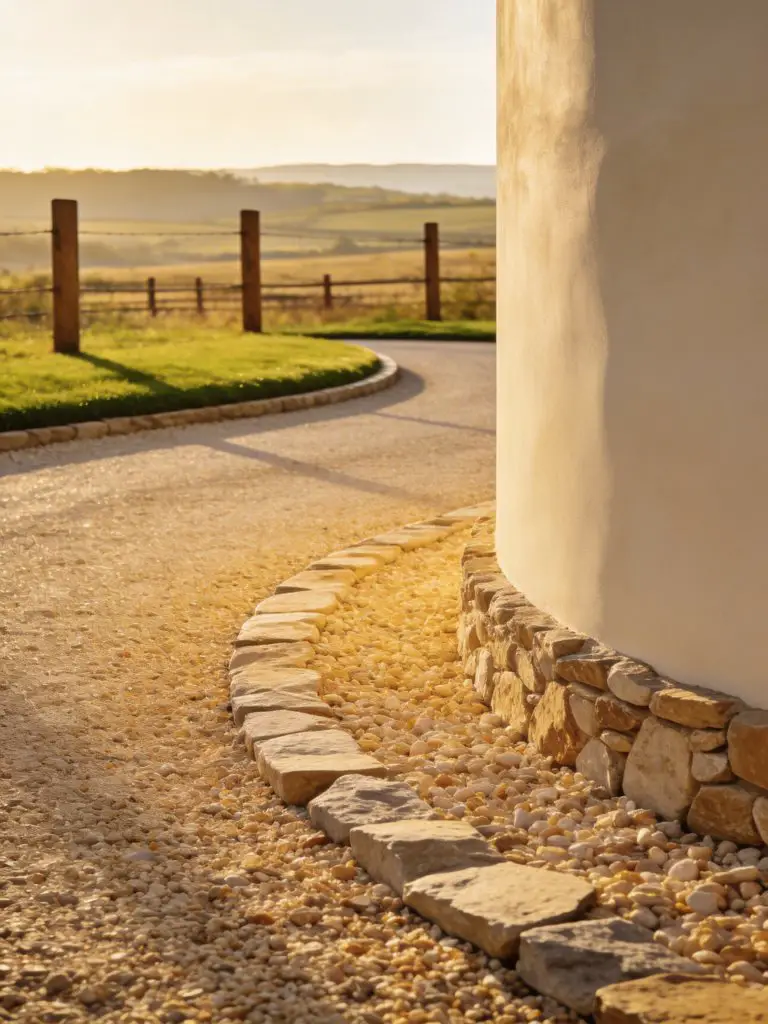 A smooth, warm-toned gravel driveway bordered with natural stone edging in a modern rustic countryside setting.