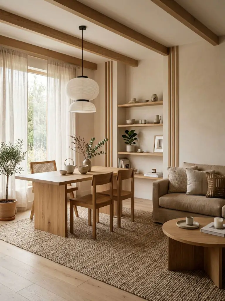 A warm Japandi-inspired minimalist living room with dining area, showcasing natural wood furniture, woven textures, and a palette of soft ta.
