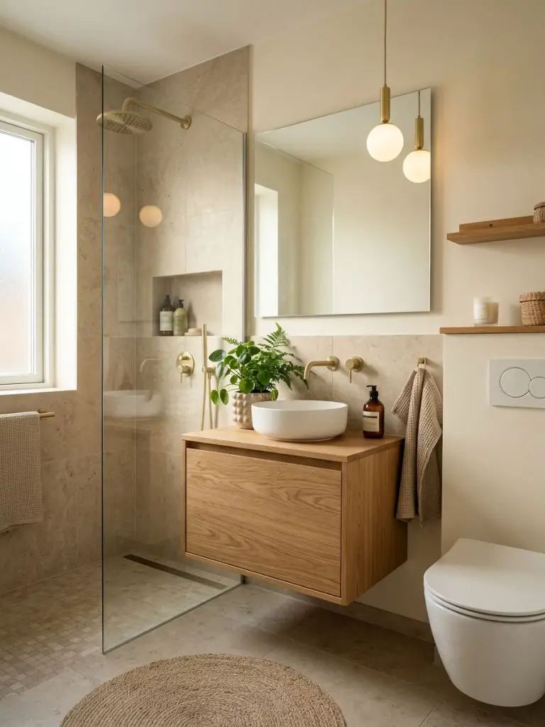 A tiny modern bathroom designed in a warm minimalist and Scandinavian-inspired style, featuring a floating light oak vanity as the focal poi.