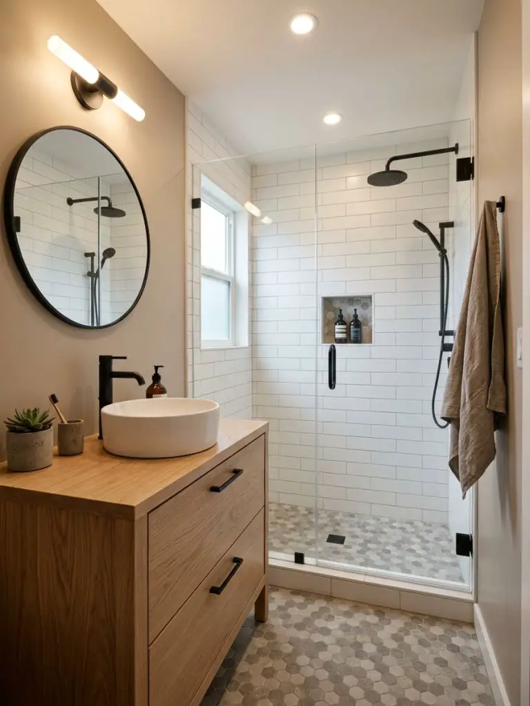 A compact minimalist small bathroom in a warm modern rustic style featuring a light oak vanity with flat-panel drawers and matte black handl.