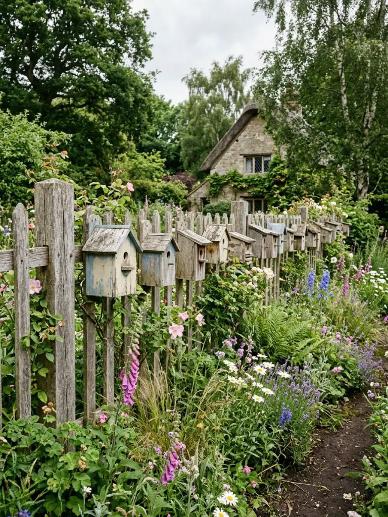 A rustic cottage garden fence lined with weathered wooden birdhouses, surrounded by lush wildflowers and greenery.