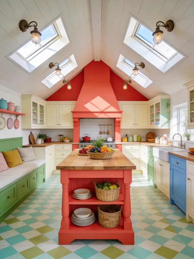 A whimsical colorful cottage kitchen with a spacious layout, blending Modern Rustic and playful cottage design.