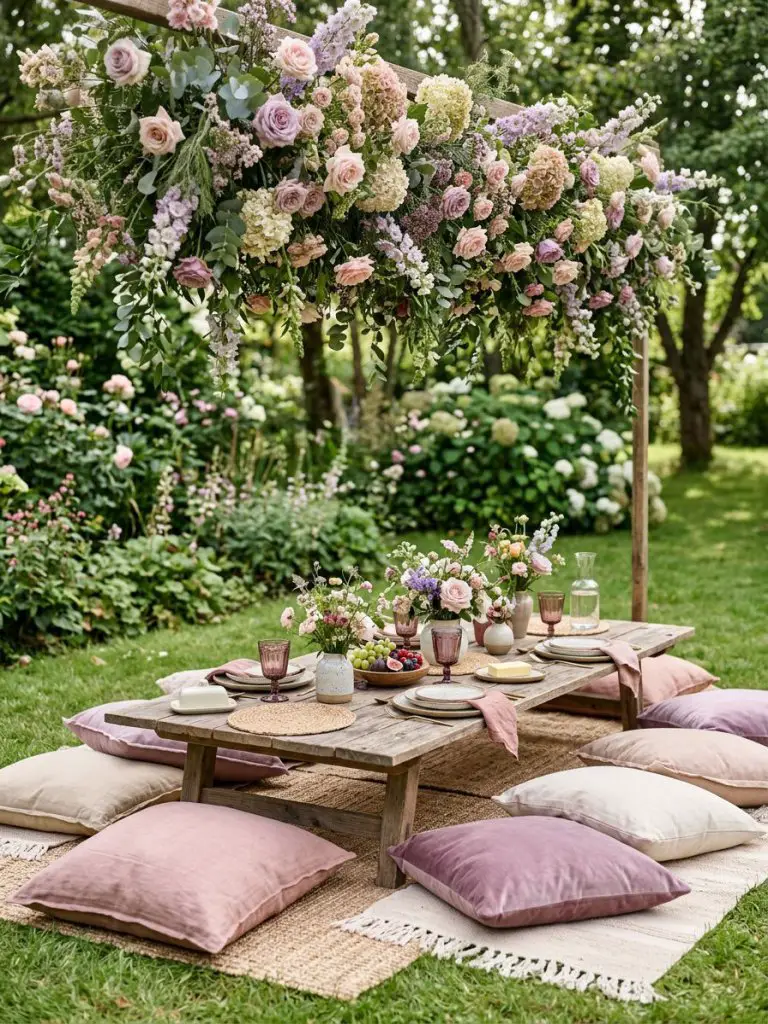 A whimsical garden picnic scene in a bohemian meets modern rustic style, featuring a low wooden table centered on soft woven rugs layered ov.