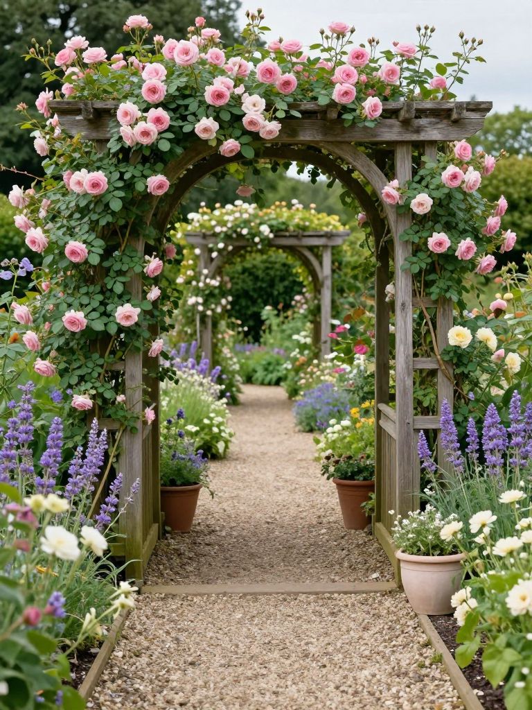 A whimsical English garden pathway leading through a wooden arbor covered in climbing roses and surrounded by wildflower borders.