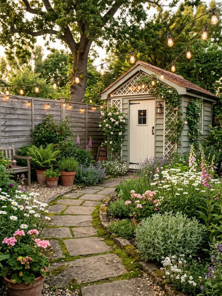 A quaint cottagecore backyard corner featuring a curved stone pathway leading toward a small wooden garden shed with a painted door and latt.