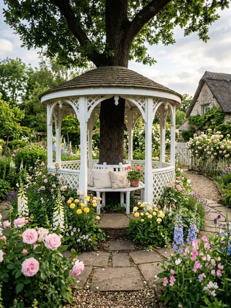 A charming garden scene featuring a small white gazebo structure encircling a tree, surrounded by lush flower beds in a cottage-meets-modern.