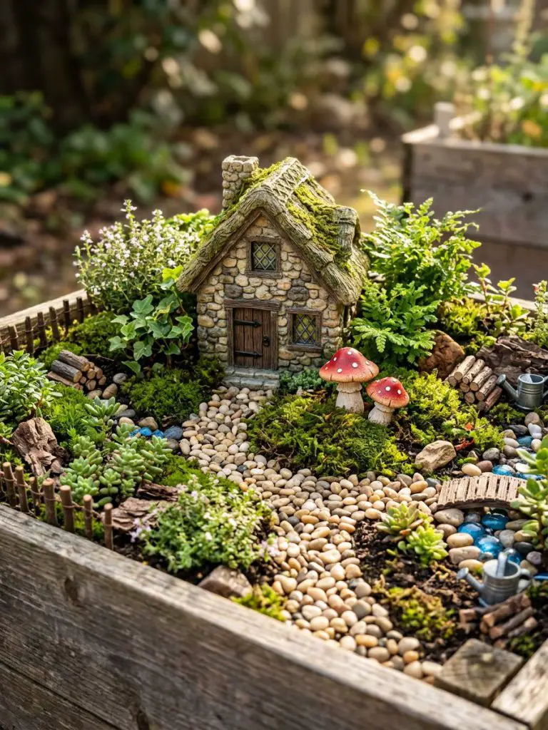 A whimsical miniature cottage garden designed in fairy garden style, featuring a small decorative stone cottage house surrounded by tiny pla.