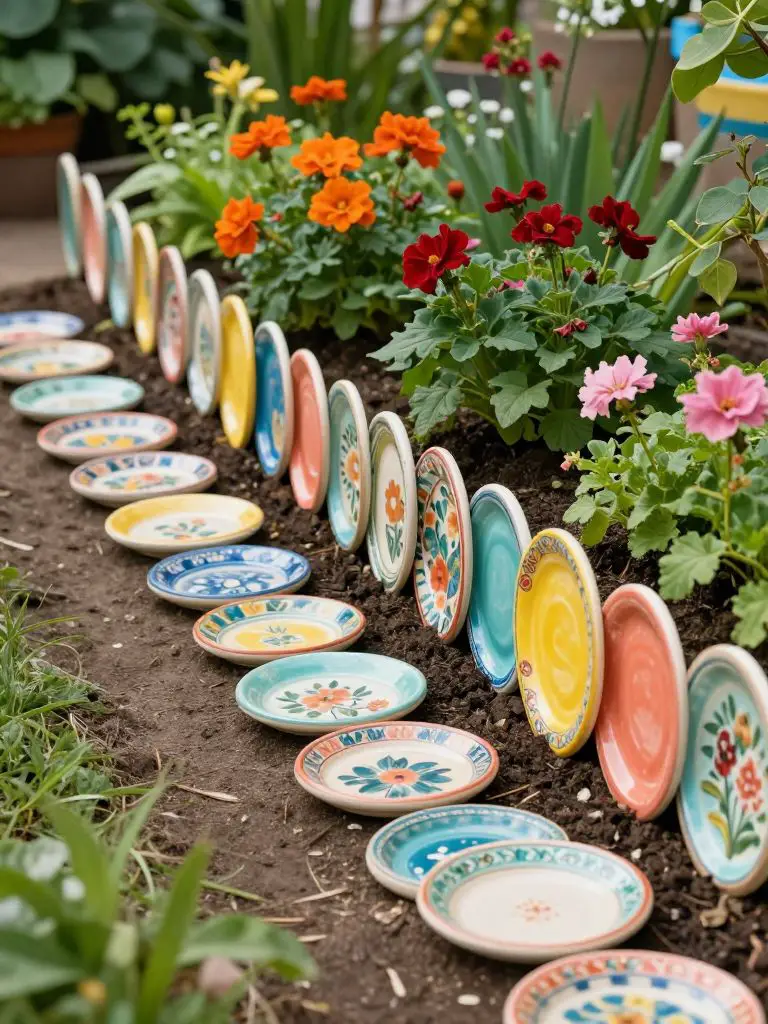 A creative garden bed edged with vertically placed decorative plates forming a whimsical and artistic border, styled within a playful cottag.