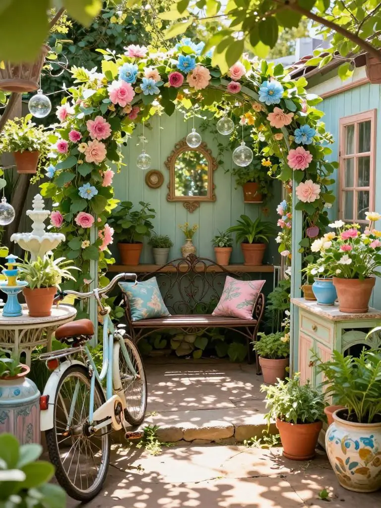 A whimsical small secret garden corner in eclectic cottagecore style, filled with vintage-inspired decor and layered textures.