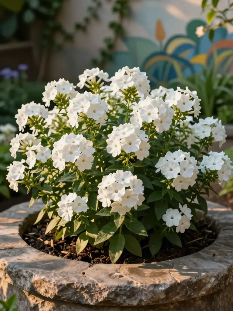 A meticulously arranged raised garden bed showcases a dense cluster of white phlox blooms, their delicate petals radiating vividly against d.