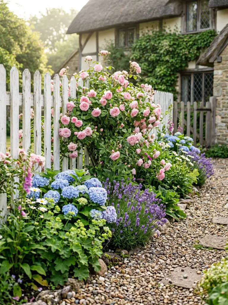 A charming small rose garden along a white picket fence, styled in cottagecore simplicity with modern rustic touches.
