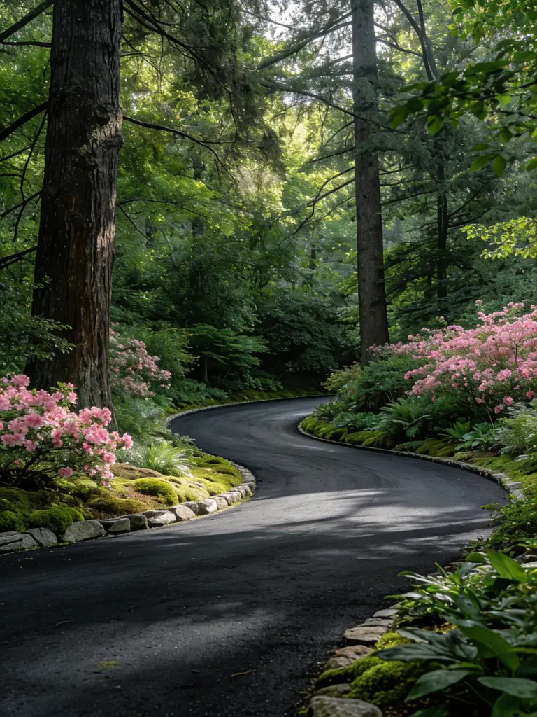A winding asphalt driveway set within a lush, park-like garden landscape in a modern rustic style.