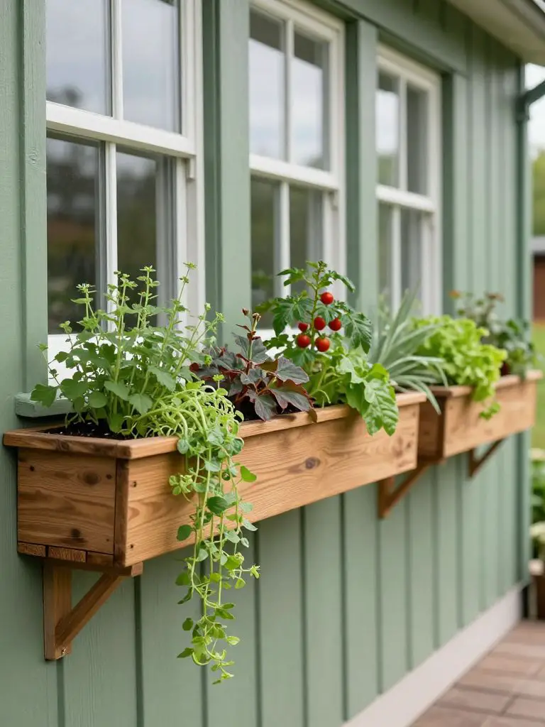 A charming window box vegetable and herb garden in a cottage-inspired modern rustic style, mounted beneath a row of windows.