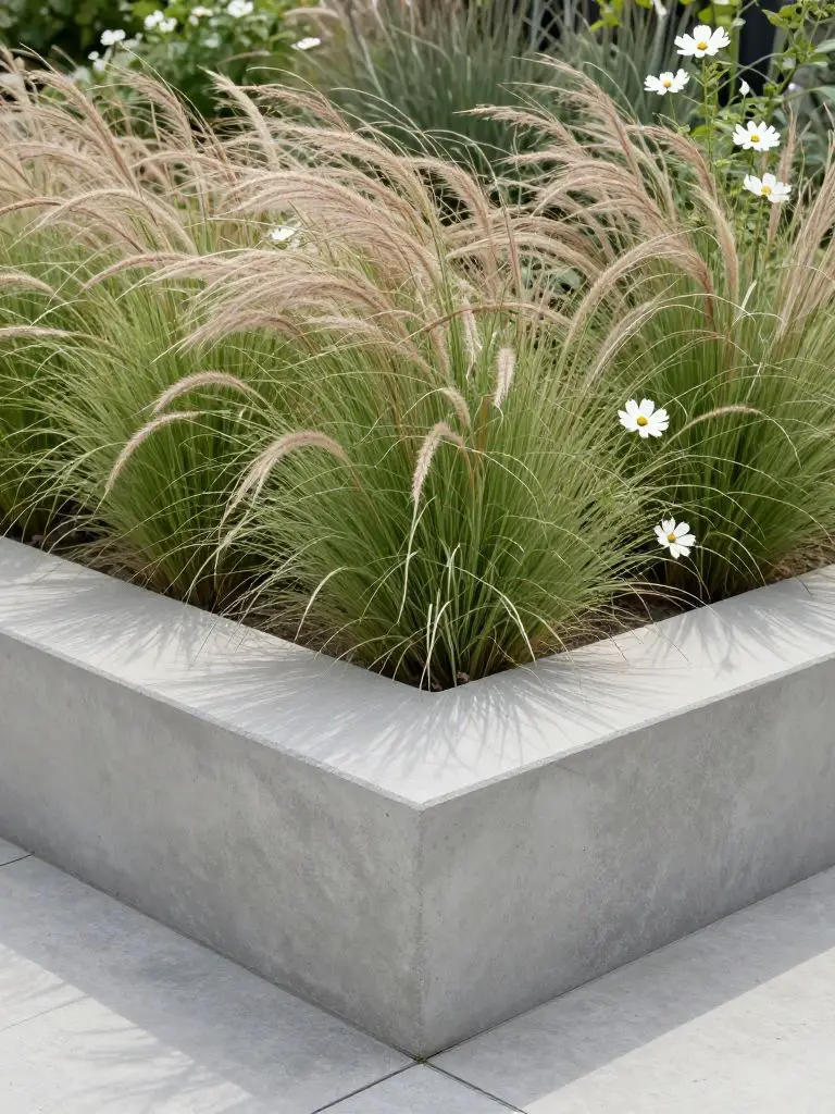 A modern concrete raised bed with clean lines, filled with tall, wispy fountain grass and white cosmos.
