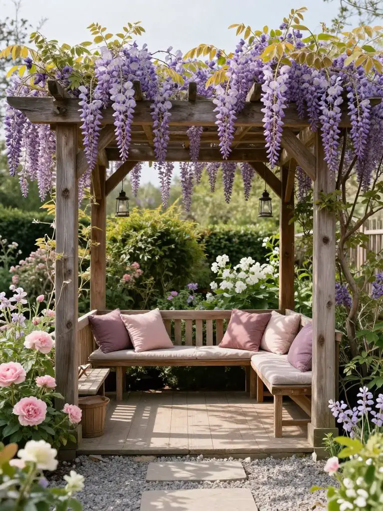A small secret garden pergola scene in a romantic cottagecore and modern rustic style, featuring a wooden pergola covered in cascading laven.
