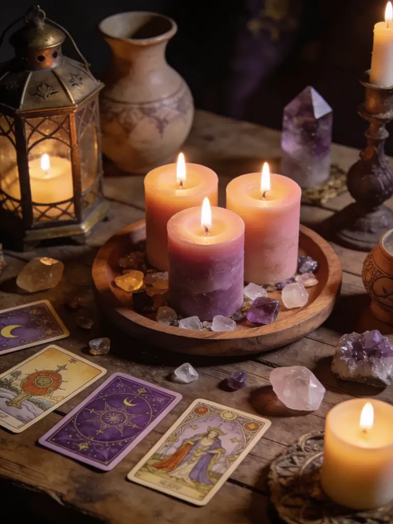 A witchy altar table styled with crystals, candles, tarot cards, and vintage decor on a rustic wooden surface.