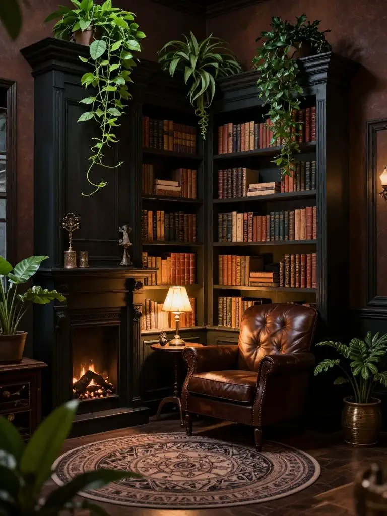 A witchy library nook featuring dark built-in bookshelves filled with vintage-style books and trailing green plants cascading from above.