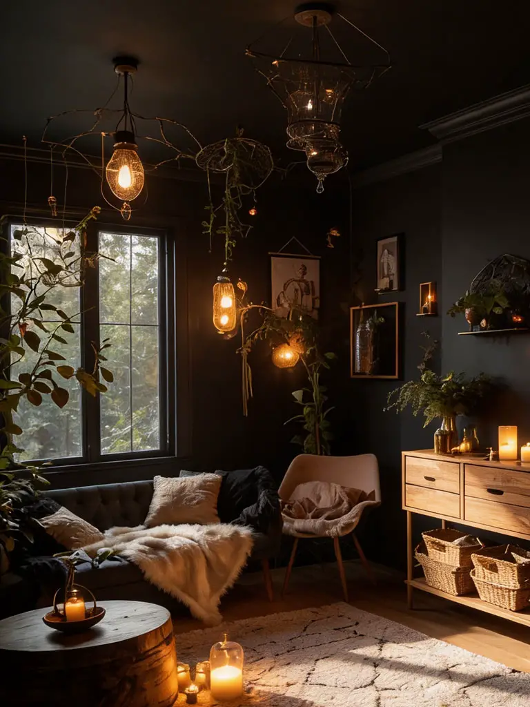 A dark cozy witchy living room