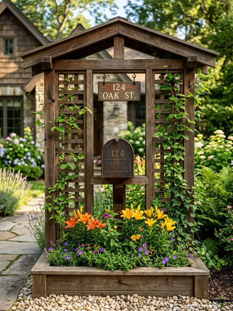 A handcrafted wooden trellis mailbox design with integrated planter.